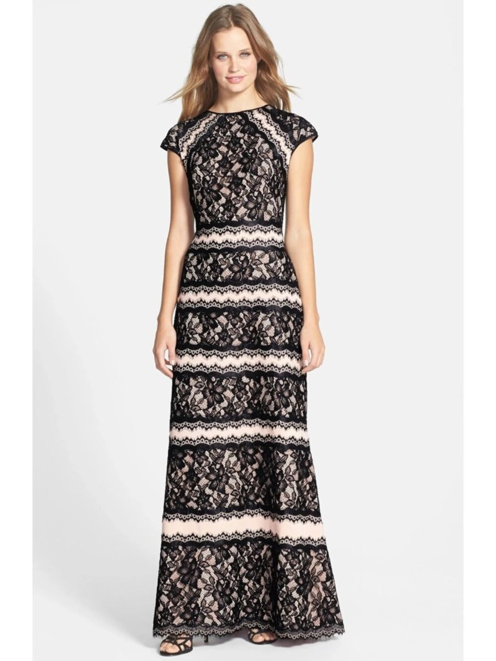 NWT TADASHI SHOJI Neoprene & Lace Embellished Gown in Black Nude Maxi 2